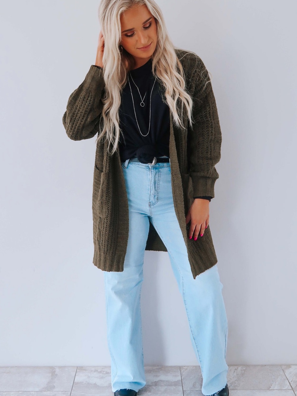 Olive Open-Front Ribbed Knit Cardigan - Women Sweater